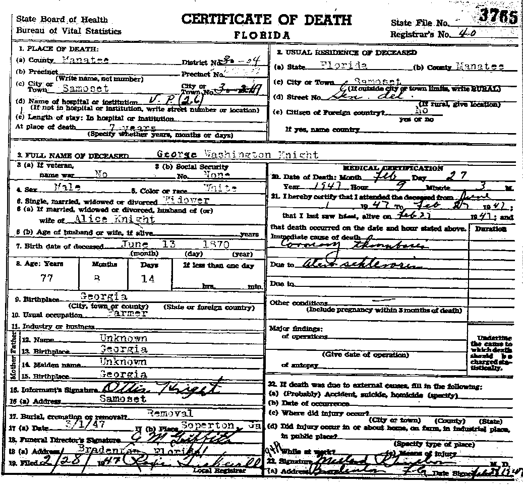 16 George W. Knight's death certificate