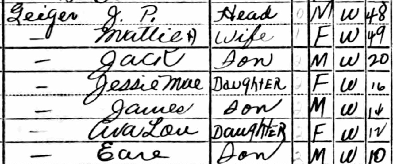 Joseph Preston Geiger's family's 1940 census listing
