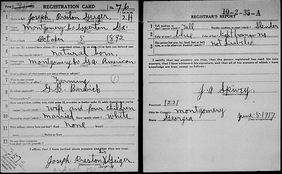 Joseph Preston Geiger's WWI draft registration card