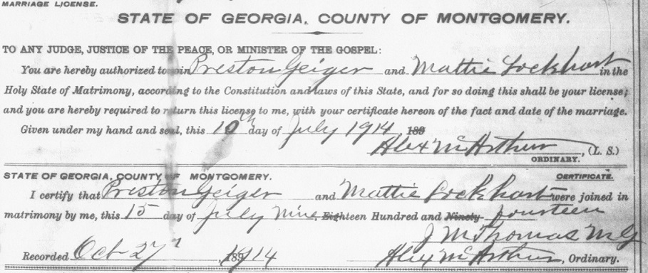 Joseph Preston Geiger's marriage certificate