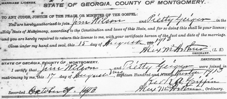 Jim Wilson's and Piety Davis' marriage certificate