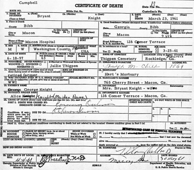 Bryant Knight's death certificate