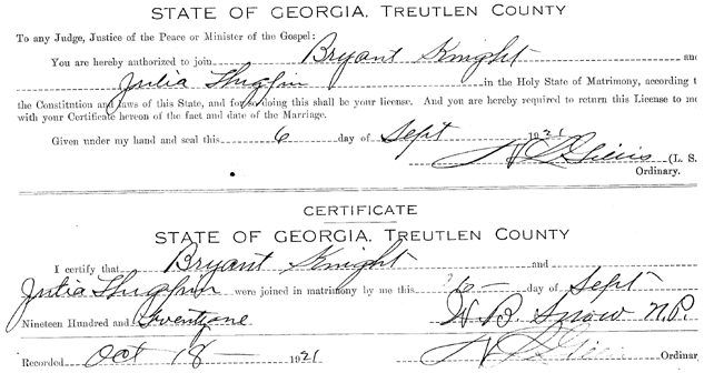 Bryant Knight's marriage certificate
