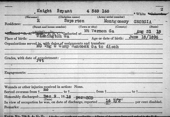 Bryant Knight's WWI service summary card