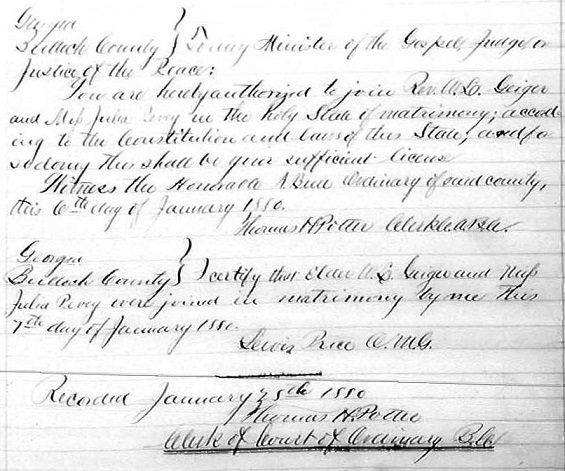 Washington Geiger's and Julia Pevey's marriage certificate