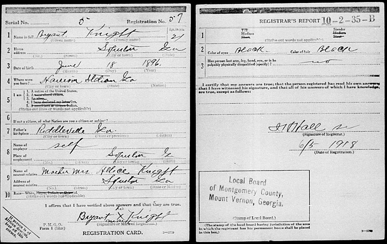 Bryant Knight's WWI draft registration card